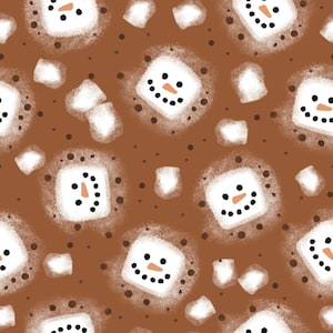 May include: A seamless pattern featuring white snowman faces with black eyes and a carrot nose on a brown background with white dots and white marshmallow shapes.