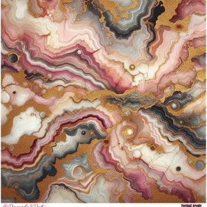 May include: Abstract art print featuring a swirling pattern of pink, gold, and black colors. The design resembles a geode with a textured, layered appearance.