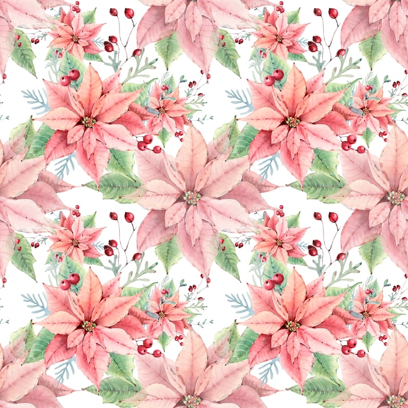 May include: A seamless pattern featuring watercolor illustrations of pink poinsettia flowers, green leaves, and red berries. The design is perfect for holiday crafts and projects.