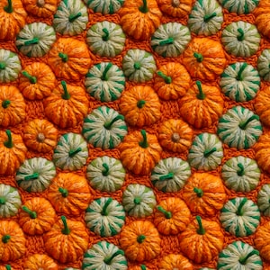 Puede incluir: Primer plano de un patrón repetitivo de calabazas naranjas y verdes. Las calabazas están hechas de hilo y están cosidas juntas para crear una superficie texturizada.