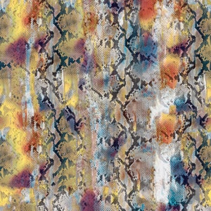 May include: A seamless pattern featuring a snakeskin texture in shades of yellow, brown, gray, blue, and red. The pattern is abstract and has a watercolor effect.