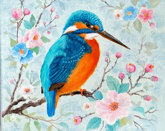 Eisvogel Acrylgemälde 30 x 30 cm Original Kunst für den Frühling als Wanddeko für Zuhause