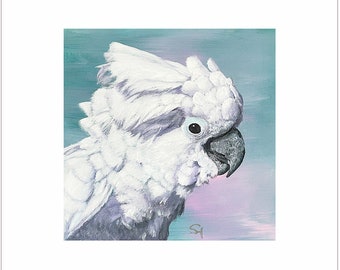 Kakadu Druck, dekoratives Bild im Passepartout mit sichtbarem Ausschnitt 19 x 19 cm, Nachdruck meines Acrylgemäldes mit Papagei Motiv