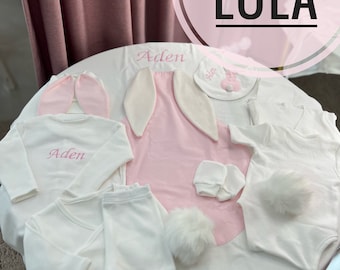 Bundle of Bunny Delights: 10-Piece Personalized Baby Bunny Girl Homecoming Set