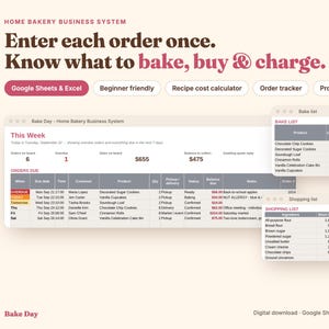 Könnte beinhalten: Ein digitales Geschäftssystem für eine Hausbäckerei für Google Sheets und Excel. Die Benutzeroberfläche zeigt einen Auftragsverfolger, eine Backliste und eine Einkaufsliste mit Spalten für Produkte, Mengen, Status und Kosten an.