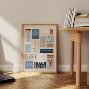 Framed coastal collage featuring seaside matchbooks and travel designs – perfect for modern coastal interiors.
