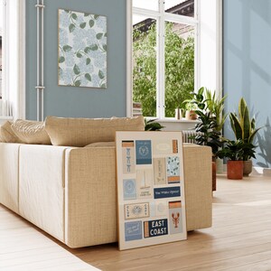 Matchbook collage print inspired by coastal travel and beach destinations – retro art print for a relaxed home vibe.