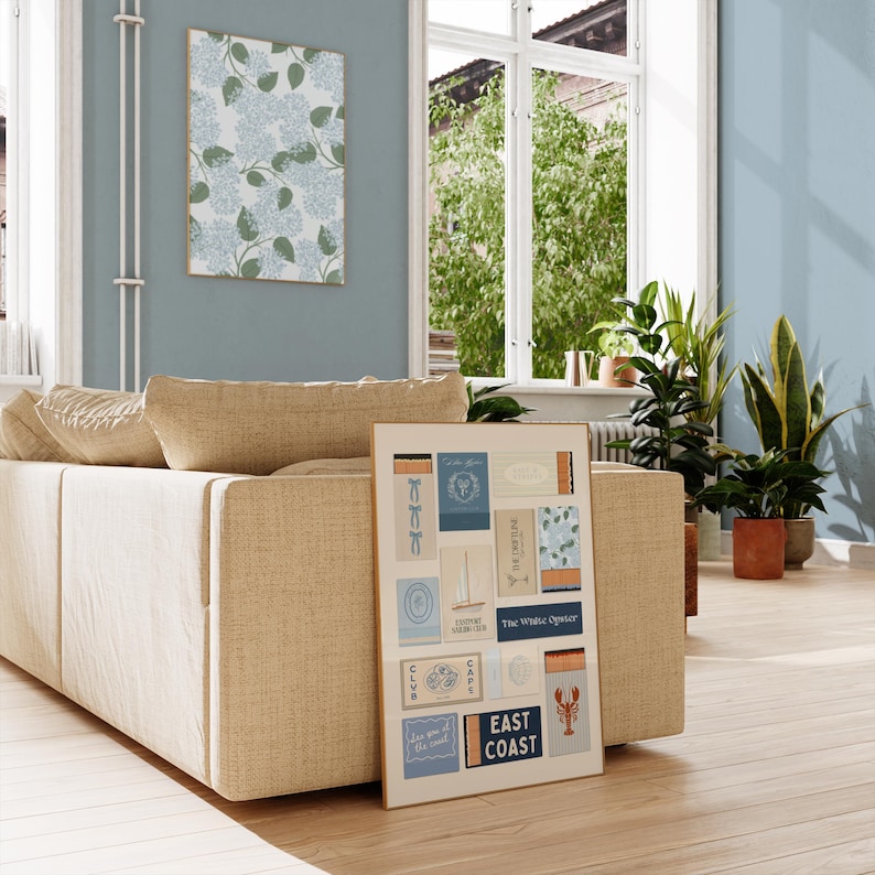 Matchbook collage print inspired by coastal travel and beach destinations – retro art print for a relaxed home vibe.