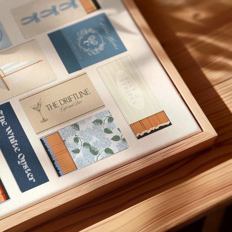 Blue coastal wall art print of a matchbook collection – nautical home decor idea for living room or entryway.