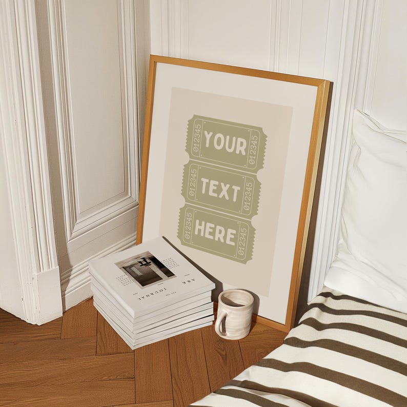 Editable digital art print designed to look like a ticket stub, offering a unique and customizable touch to gallery walls or dorm decor.
