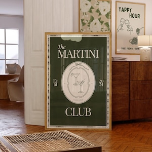 Plakat Martini Club Martini Wydrukuj sztukę barową Brudny Martini Pobierz cyfrowo Elegancki wystrój baru Koktajl Sztuka ścienna Wydrukuj sztukę ścienną