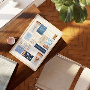 Coastal wall decor showing a vintage-inspired matchbook collection – unique gift for ocean or travel enthusiasts.