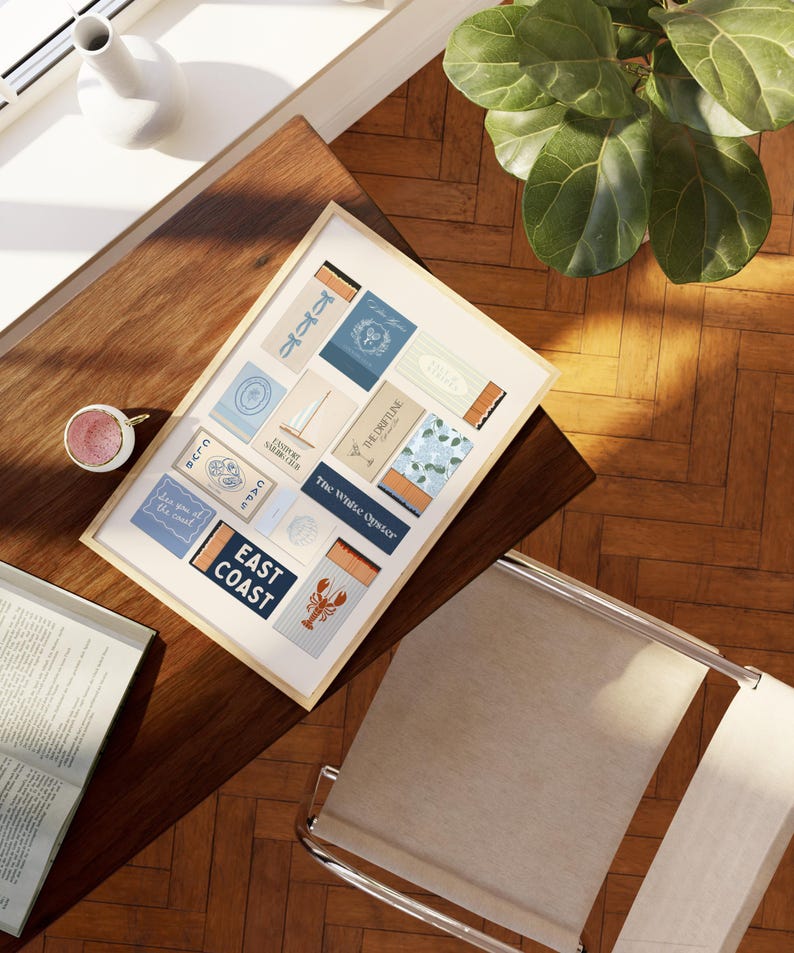 Coastal wall decor showing a vintage-inspired matchbook collection – unique gift for ocean or travel enthusiasts.