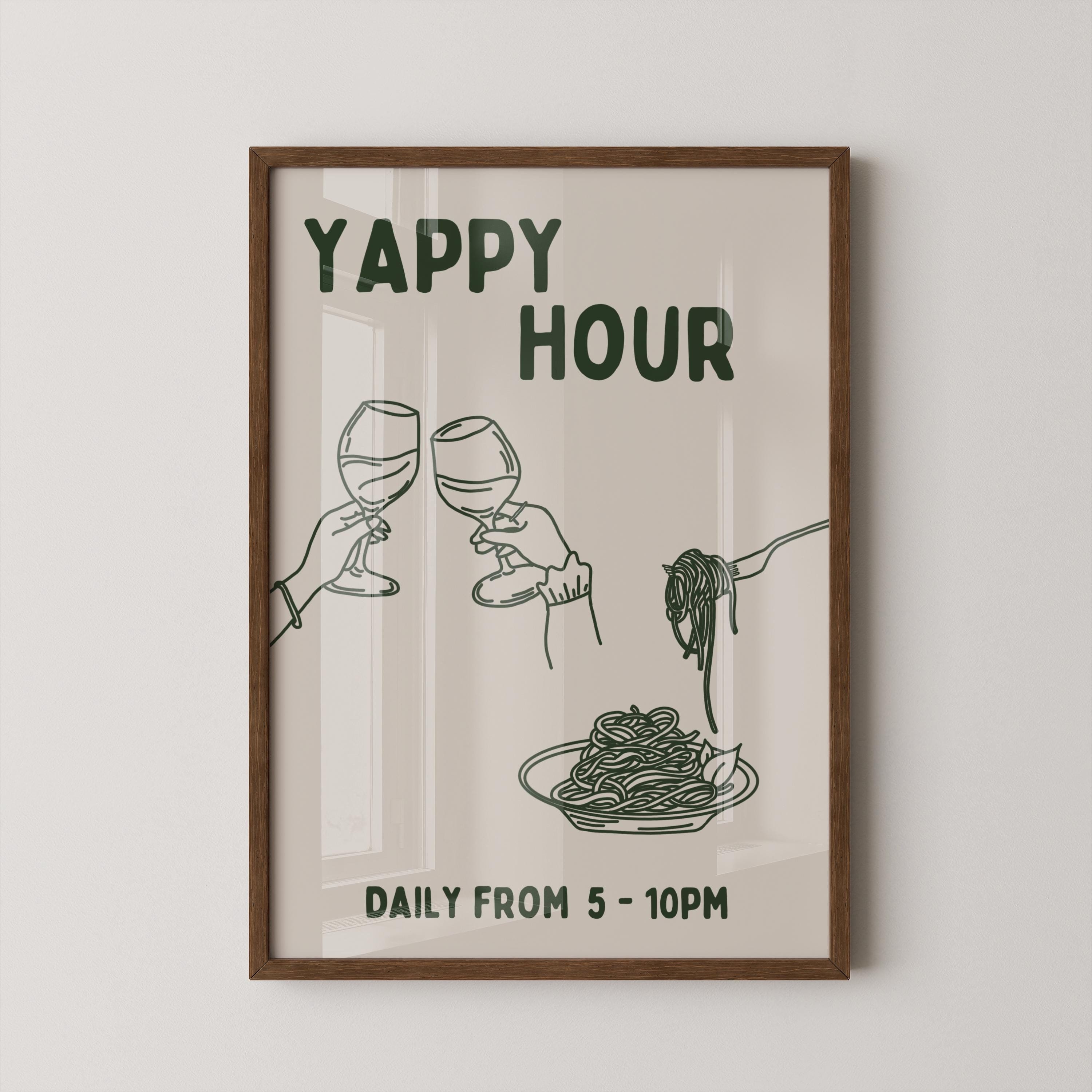 Discover Yappy Hour Poster, Retro Kitchen Wall Art Wine and Pasta Poster