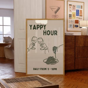 Yappy Hour Print Retro Kitchen Wall Art Wine and Pasta Print Chic Bar Cart Decor Girls Night Wall Poster Zabawna sztuka kuchenna Pobierz cyfrowo