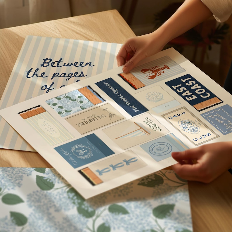 Close-up of vintage matchbooks arranged in a coastal-themed collage. Retro wall art for ocean lovers.