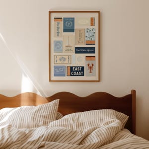 Coastal matchbook collage wall art featuring blue and white tones that's a vintage-inspired design perfect for beach house decor.