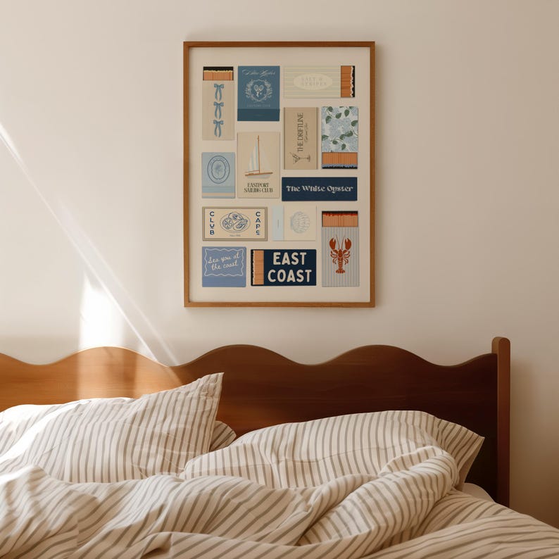 Coastal matchbook collage wall art featuring blue and white tones that's a vintage-inspired design perfect for beach house decor.