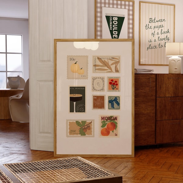 Fall Postage Stamp Art Print, Vintage Travel Collage (Digital Download)