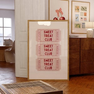 Sweet Treat Club Print Retro Ticket Stub Poster Trendy Food Print Preppy Kitchen Art Fun Wall Poster for Kitchen Dessert Lover Decor