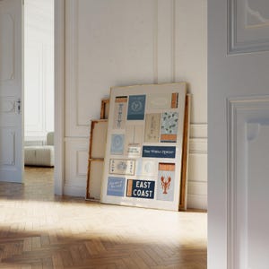 East Coast-inspired matchbook collage artwork, featuring blue hues for a serene, coastal ambiance.