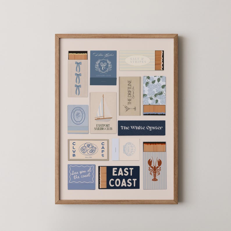 Digital art print featuring a collage of vintage-inspired blue matchbooks, perfect for coastal and preppy home decor.