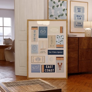 Blue matchbook collage artwork capturing East Coast charm, ideal for grandmillennial-style interiors and preppy coastal granddaughter spaces.