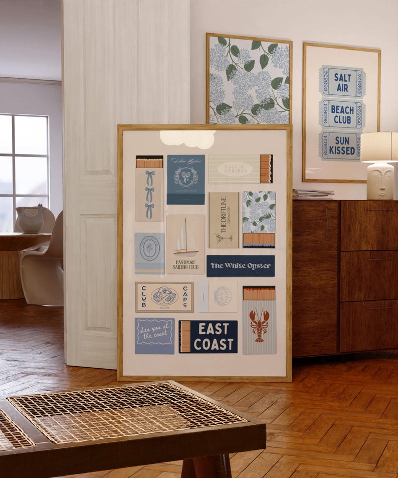 Blue matchbook collage artwork capturing East Coast charm, ideal for grandmillennial-style interiors and preppy coastal granddaughter spaces.