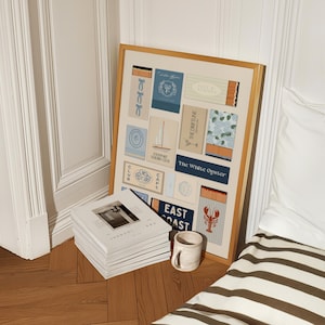Vintage-style blue matchbook art print, enhancing preppy and grandmillennial home aesthetics.