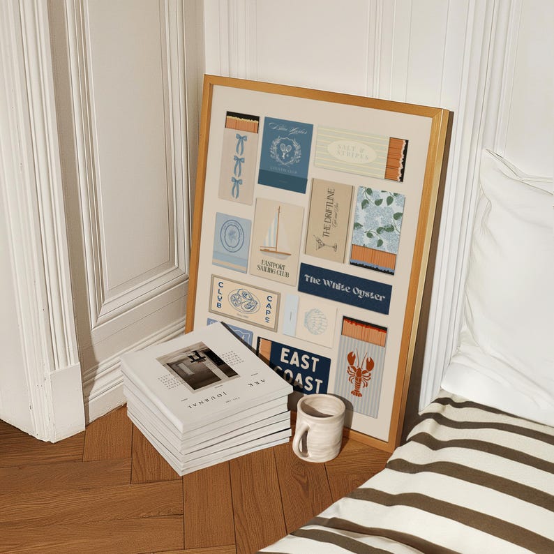 Vintage-style blue matchbook art print, enhancing preppy and grandmillennial home aesthetics.