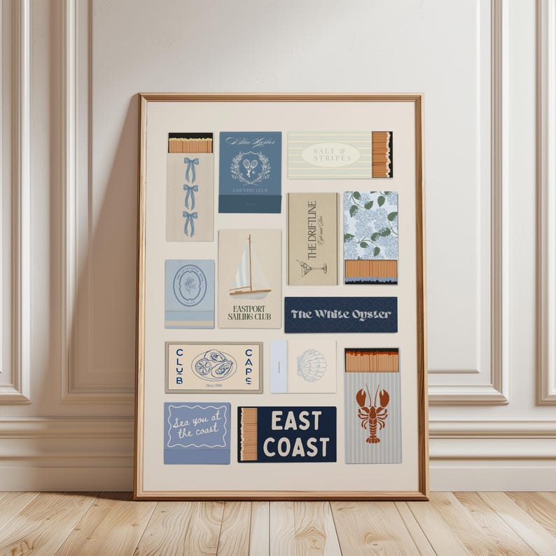 Digital download print of blue matchbook collage, ideal for trendy and coastal-inspired interiors.