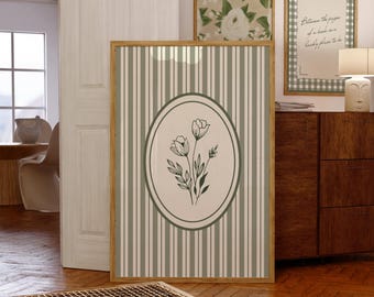 Art mural vert sauge fleurs sauvages, impression botanique cottagecore avec fond rayé, décoration florale neutre