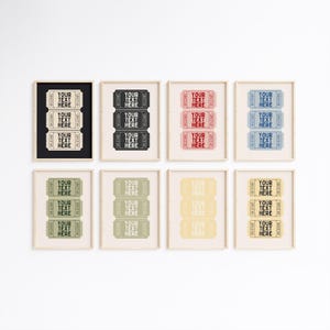 Editable ticket stub artwork in bold, customizable colors—perfect for those seeking chic, personalized art prints with a nostalgic twist.