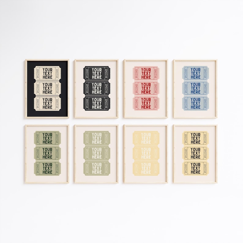 Editable ticket stub artwork in bold, customizable colors—perfect for those seeking chic, personalized art prints with a nostalgic twist.