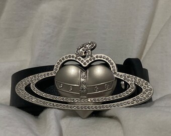 Y2k heart shaped silver buckle belt with rhinestones