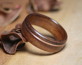 Wood Ring - Santos Rosewood with Copper Inlay - Wooden Wedding Band - Anniversary Mans Womans - Rose Gold - Personalized - Free Engraving