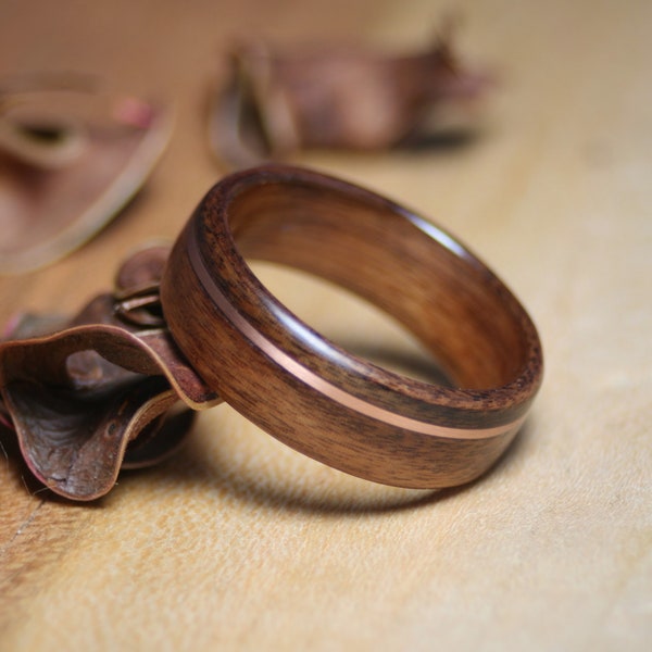 Wood Ring - Santos Rosewood with Copper Inlay - Wooden Wedding Band - Anniversary Mans Womans - Rose Gold - Personalized - Free Engraving