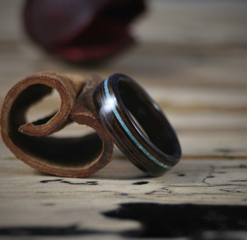 Wenge Turquoise Inlay Womens Engagement Wood Ring Anniversary Bentwood Mens Wood Wedding Ring
