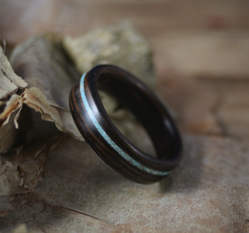 Wenge Turquoise Inlay Womens Engagement Wood Ring Anniversary Bentwood Mens Wood Wedding Ring