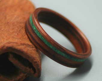 Houten ring - Maat 11 US - Malachiet - Gebogen hout - Santos Palissander - Houten trouwring - Verloving - Verjaardag - Heren - Dames