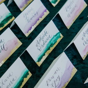 Watercolor Gold Leaf Calligraphy Place Cards Wedding