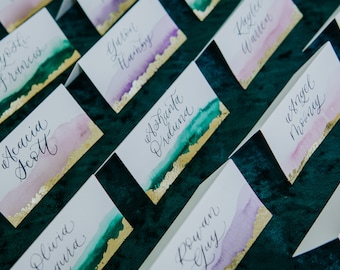 Watercolor Gold Leaf Calligraphy Place Cards Wedding