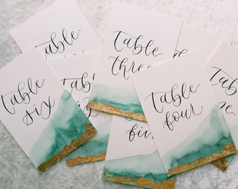 Watercolor Gold Leaf Calligraphy Table Numbers Wedding