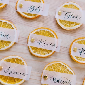 May include: Dried orange slices with white paper place cards with names written in black calligraphy. The names are Tina, Bob, Tyler, Kevin, Pat, Spence, and Mariah.