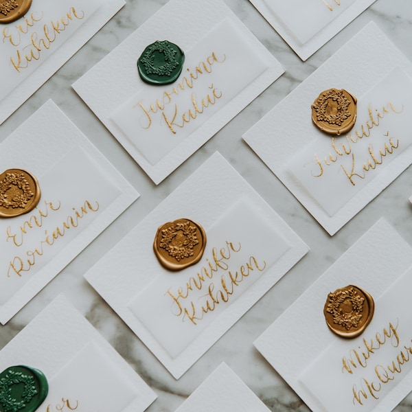 Wax Stamp and Vellum Calligraphy Place Cards Wedding