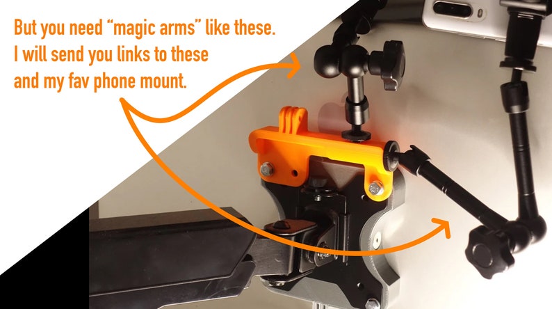 May include: Two black adjustable phone or camera mounts with a black and orange phone holder. The mounts are attached to a white surface. The text "But you need "magic arms" like these. I will send you links to these and my fav phone mount." is visible in the image.