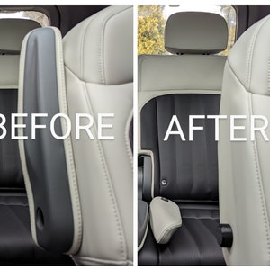 May include: Before and after images of a car seat with a black fabric cover. The seat is white leather with a black armrest. The after image shows the seat with a new black fabric cover.