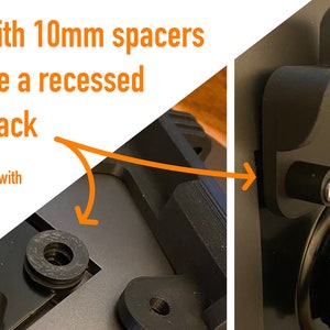 May include: Close-up of a black monitor mount with two 10mm spacers. The mount has a warning label that says "Caution: Do not overtighten".