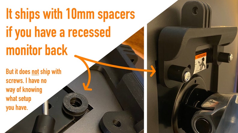 May include: Close-up of a black monitor mount with two 10mm spacers. The mount has a warning label that says "Caution: Do not overtighten".