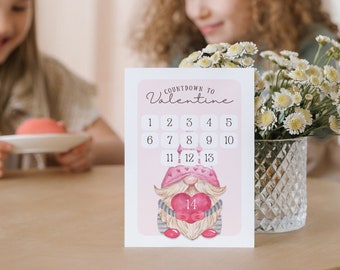 Valentine's Day Gnome's Countdown Calendar 5.5 x 8.5"  | Kids Valentine Cards with Coloring Sheet and Confetti | Classroom Valentines
